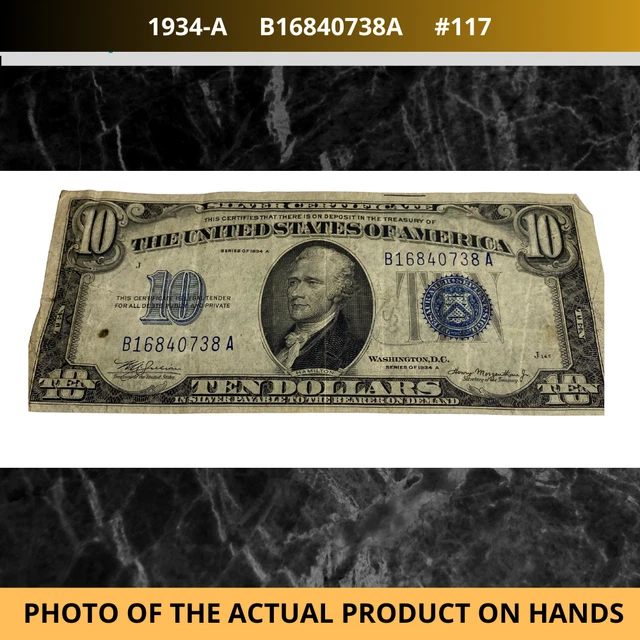 1934 A $10 Ten Dollar Silver Certificate Note Blue Seal