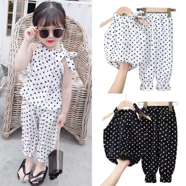 Kids Girls Bowknot Polka Dot Print Sleeveless Tops+Pants Loose Outfit Set Gifts