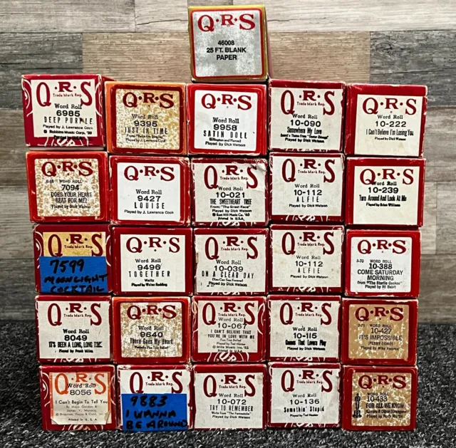 QRS Vintage Player Piano Rolls ~ Lot of 25 Assorted Songs + 25' Blank Roll
