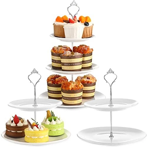 3 Sets Tier Cupcake Stand and 2 Ceramic Serving Tray White Porcelain Cake