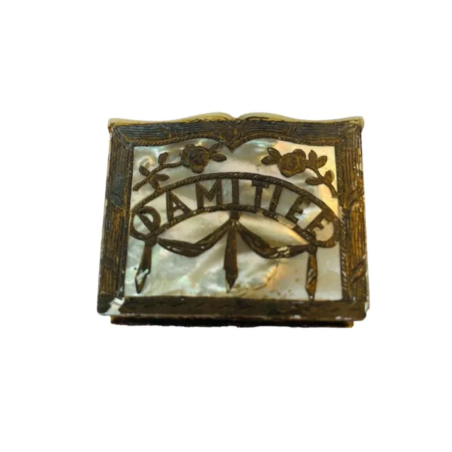 Antique Damitiee Souvenir Inlaid Abalone Brass Art Nouveau Match Safe Box Empty