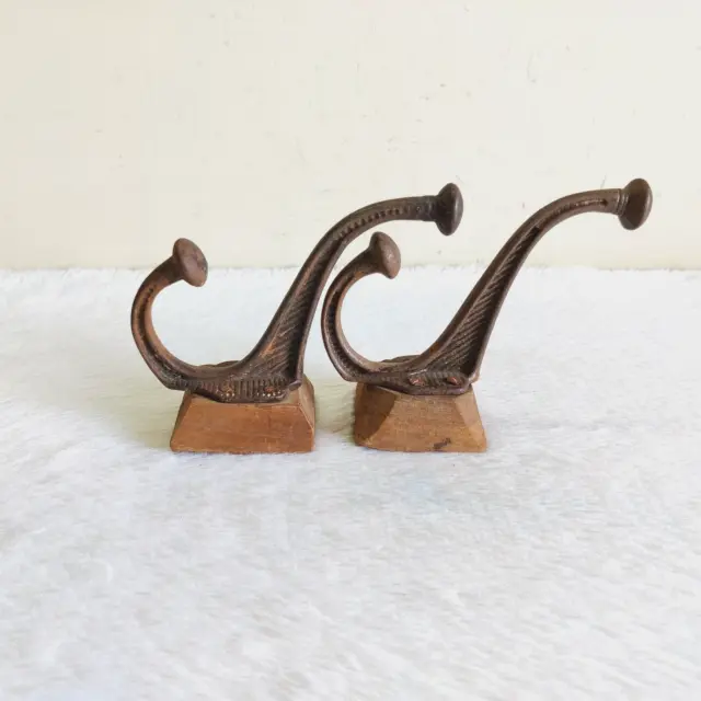1920s Vintage Iron Wall Hooks Hanger Wooden Rich Patina Old Decorative I602