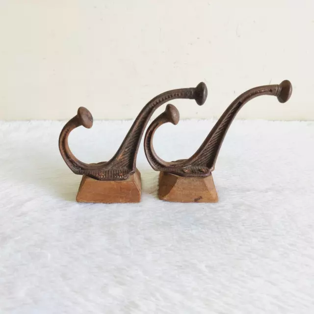 1920s Vintage Iron Wall Hooks Hanger Wooden Rich Patina Old Decorative I602