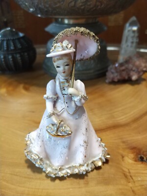 Vintage 1950s Lefton  KW10307 pink porcelain lady, parasol figurine