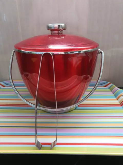 Retro Red Ice Bucket Cooler & Lid & Tongs Vintage Translucent Cool Bar Large