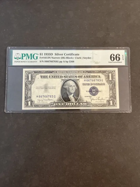 1935D Narrow $1 Silver Certificate PCGS 66PPQ HG Block Fr. 1613N