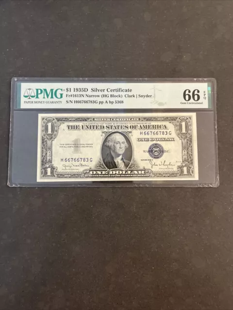 1935D Narrow $1 Silver Certificate PCGS 66PPQ HG Block Fr. 1613N