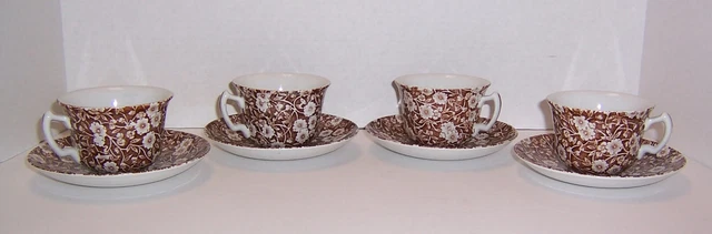 Staffordshire England Calico Brown Chintz 4 Cups & 4 Saucers Some Crazing GOOD