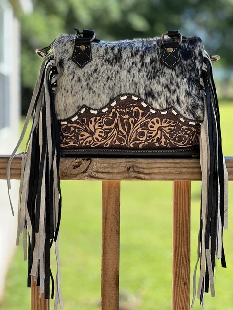 Myra Bag Hand Tooled & Black Leather Cowhide Fringe Concealed Carry Handbag NEW