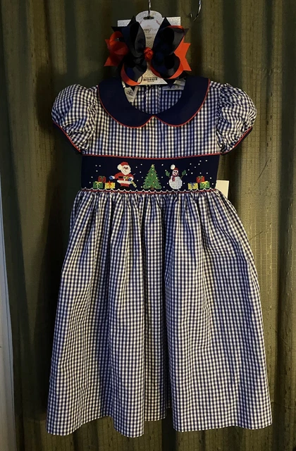Girls NWT Lulu Bebe Smocked Dress Long Christmas Free Hair Bow 5