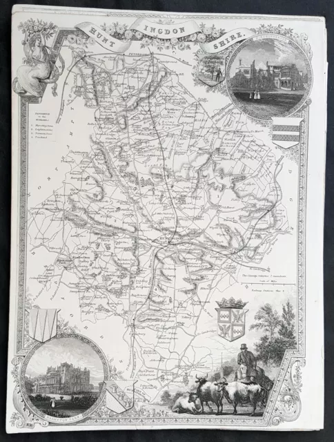 1836 Thomas Moule Original Antique Map of The County of Huntingdonshire, England