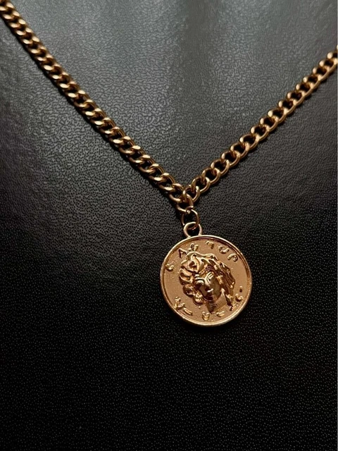 Collier Vintage Pendentif Médaillon Or Avec Décor Floral Noir - Réf. 4825 - Occasion