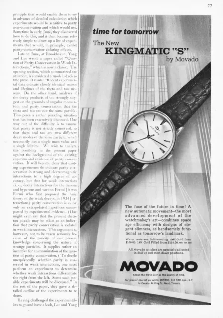 1962 Movado Kingmatic "S" Watch photo Time for Tomorrow vintage print ad