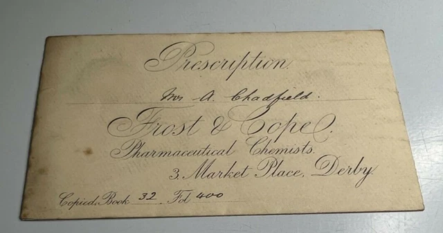 Antique Prescription Envelope  Frost & Cope Chemists Derby To MR A Chadfield