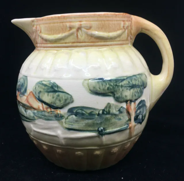 Majolica Antique Pitcher Yellow Green Trees Roseville Landscape Pre 1916