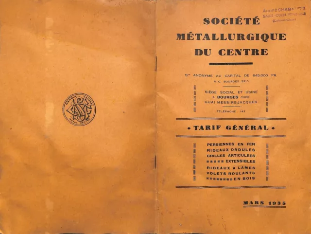 Bourges (18 ) Catalogue Société Métallurgique Du Centre / Tarif 1936
