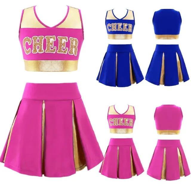 Kids Girls Cheerleader Costume Crop Top+Pleated Skirt Outfit  Show Fancy Dress