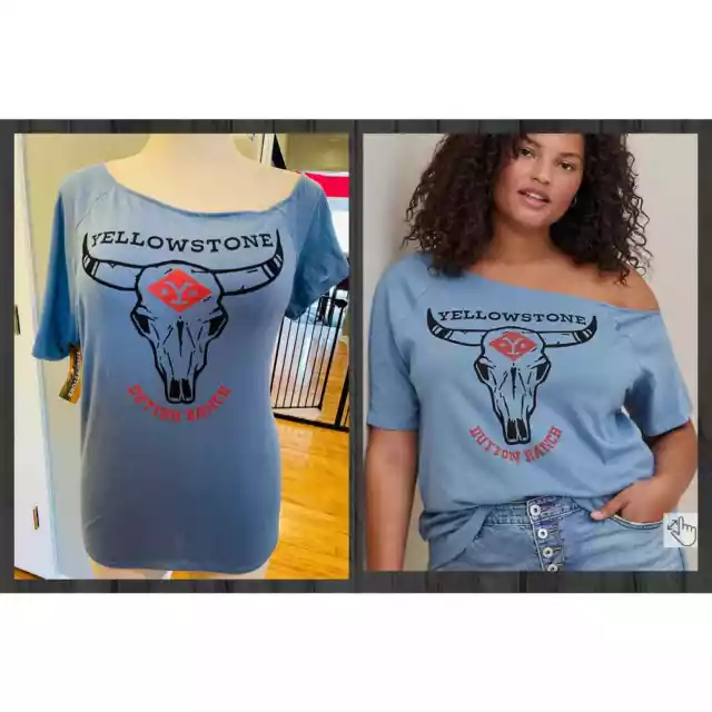 Torrid Yellowstone Dutton Ranch Off Shoulder Blue Graphic Tee T Shirt 1X New