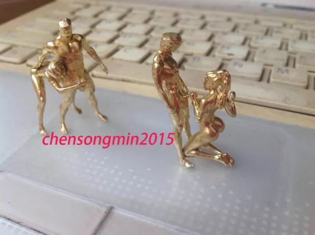 2 Pcs Yellow Solid Bronze Copper Statue Hand Carved Nude Love Man Woman Amulet