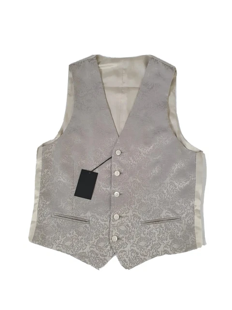 Gilet Broccato Argento 48 Eu 38 Petto Uk 40" 5 Bottoni Design Formale Su Misura
