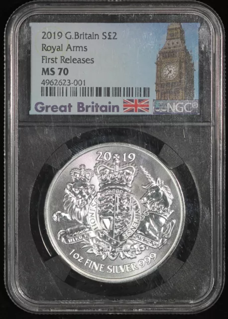 2019 Royal Arms Silver 2 Pound - 1st Release - NGC MS-70              TQ2090/BNQ