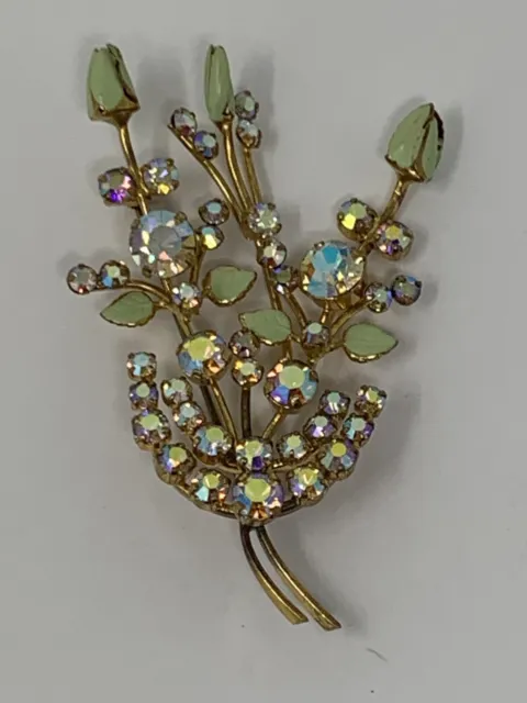Vintage Austrian Aurora Borealis Flower Bouquet Brooch Green Enamel Petal 3” pin