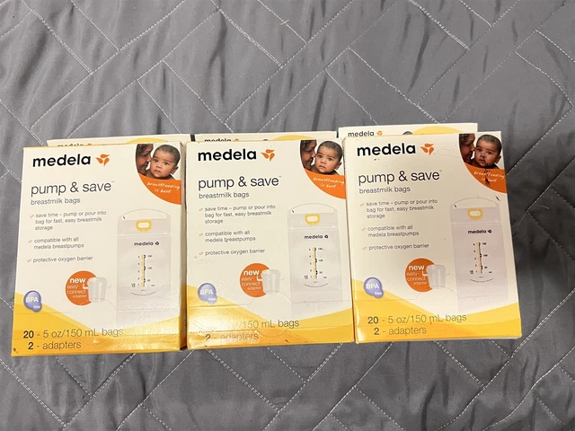 MEDELA PUMP & SAVE LOT OF 3 BOXES OF 20 5oz BAGS W/ 2 ADAPTERS