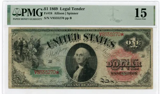 NobleSpirit No Reserve US Fr18 1869 $1 Large Red Legal Tender PMG 15