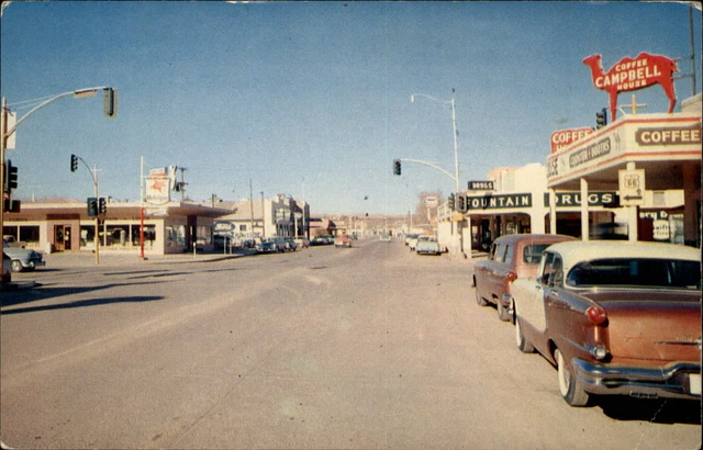 Holbrook Arizona Route 66 street view 1950s vintage cars station wagon postcard