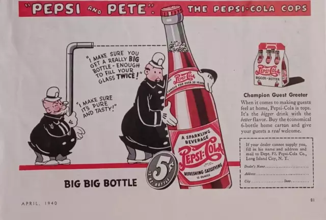 1940 Pepsi and Pete Vintage Print Ad 1940s Pepsi-Cola Key Stone Cops