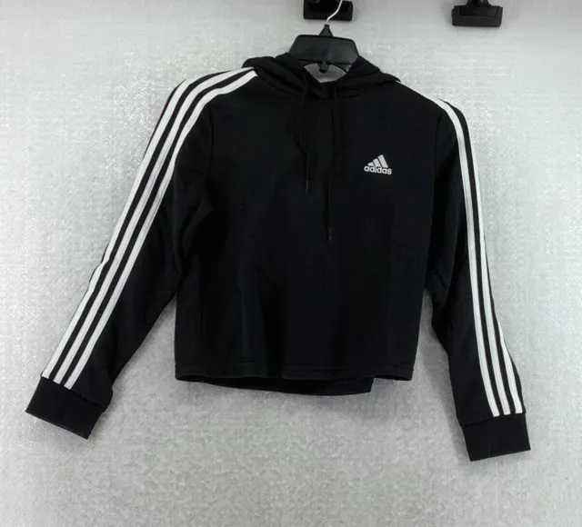 Adidas Women's Black 3 Stripes Long Sleeve Cropped Pullover Hoodie Size Small