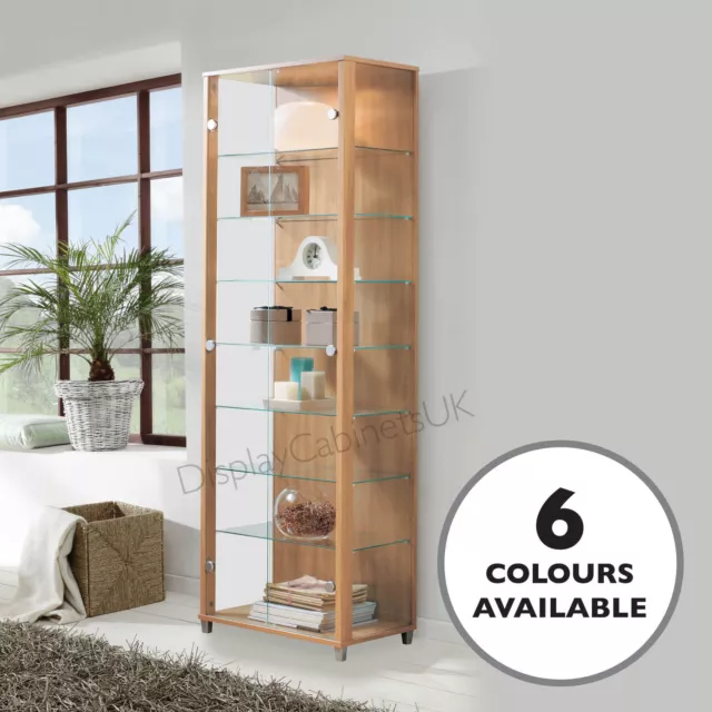 HOME Double Glass Display Cabinet Beech or Oak Effect, 4 Shelves, Mirror & Light