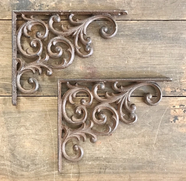 Cast Iron Pair of Vintage-Style Brown Shelf Brackets, 7.5” x 9.25”