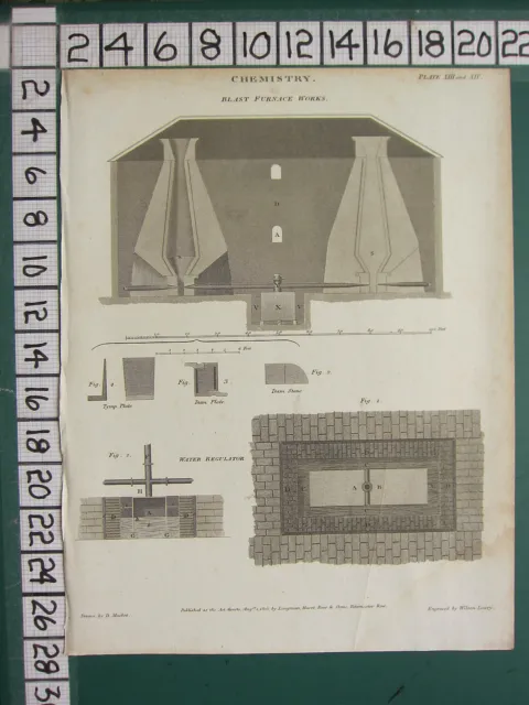 1805 Dated Antique Print ~ Chemistry ~ Blast Furnace Works Sectional Plan