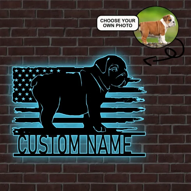 Personalized English Bulldog Dog American Flag Metal Sign Led Lights Custom