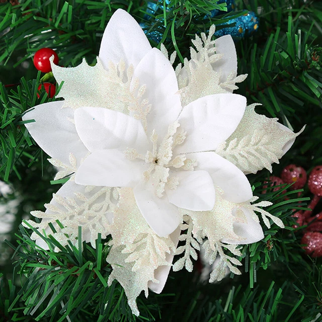 10X Christmas Large Poinsettia Glitter Flower Tree Hanging Party Xmas Decor 14CM