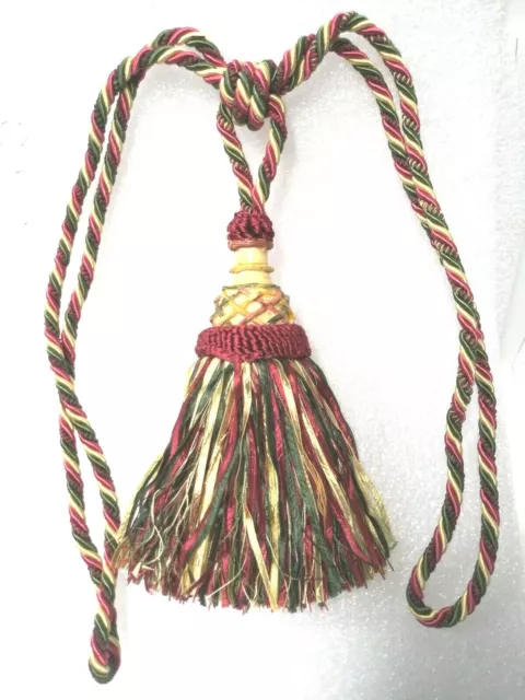 2 Resin Top, Ribbon TIE-BACKS  9"  Tassel - CRANBERRY/GREEN/GOLD - Drapery Trim
