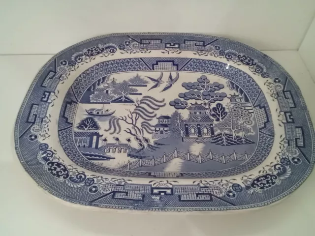 Antique Serving Platter Blue & White Willow Pattern Warranted Staffordshire