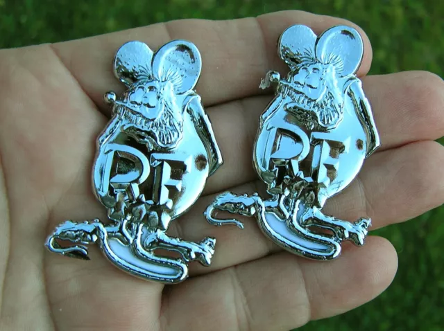 RATFINK 2 inch PAIR CHROME METAL EMBLEM -UK Car Badge *New* HOTROD suits Harley