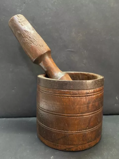 Antiguo Vintage Madera Tallado a Mano Indio Molinillo Especias Mortero Y Ukhli