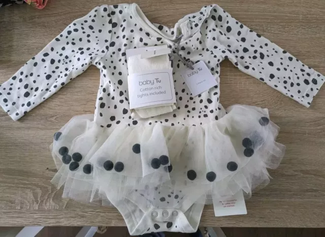 Tu 3 Piece Set White Spotted Outfit 6-9 Months New With Tags. Tights Baby Girl