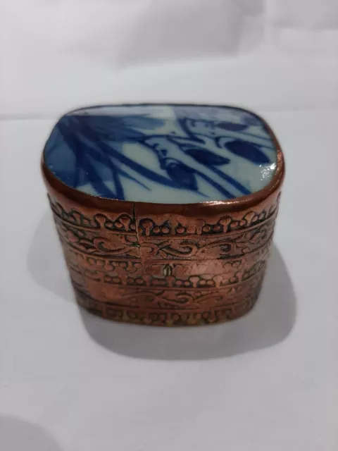 Oriental Copper Square Trinket Box With Porcelain Lid