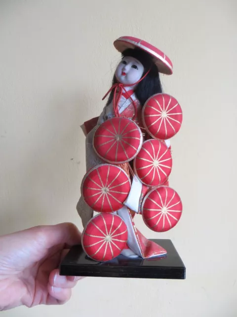 Small Japanese Geisha Traditional Silk Costume Red Hat Female Doll Old Vintage