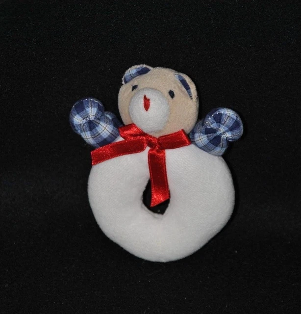Peluche doudou ours JACADI blanc bleu rayé noeud rouge grelot 11 cm TTBE