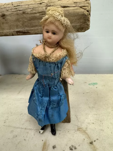 Antique/Vintage Wax Head Doll Glass Eyes Blue Dress