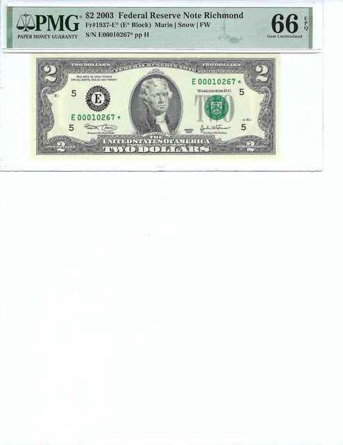 2003 $2 Federal Reserve Note FR1937-E* PMG 66 Gem UNC EPQ, Star Note!!!
