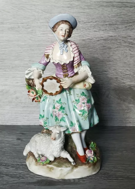 Antique Sitzendorf Germany Porcelain Figurine Woman With Tambourine & Lamb 🦋