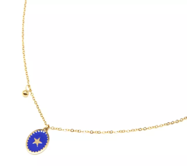 CC2393F - Collier Fine Chaîne Acier Doré avec Ovale Email Bleu Motif Etoile