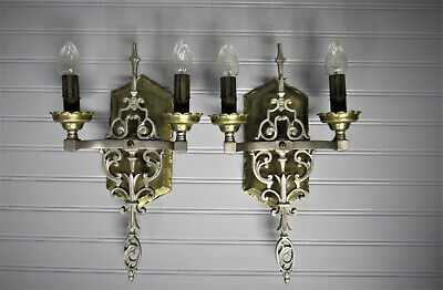 Vintage Antique 1920's Art Deco Sconces Cast Brass Nickel 14 3/4" Tall Restored
