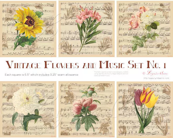 Vintage Flowers & Music Fabric Panel / Patch / Block Set Of 6 Digitally Printed